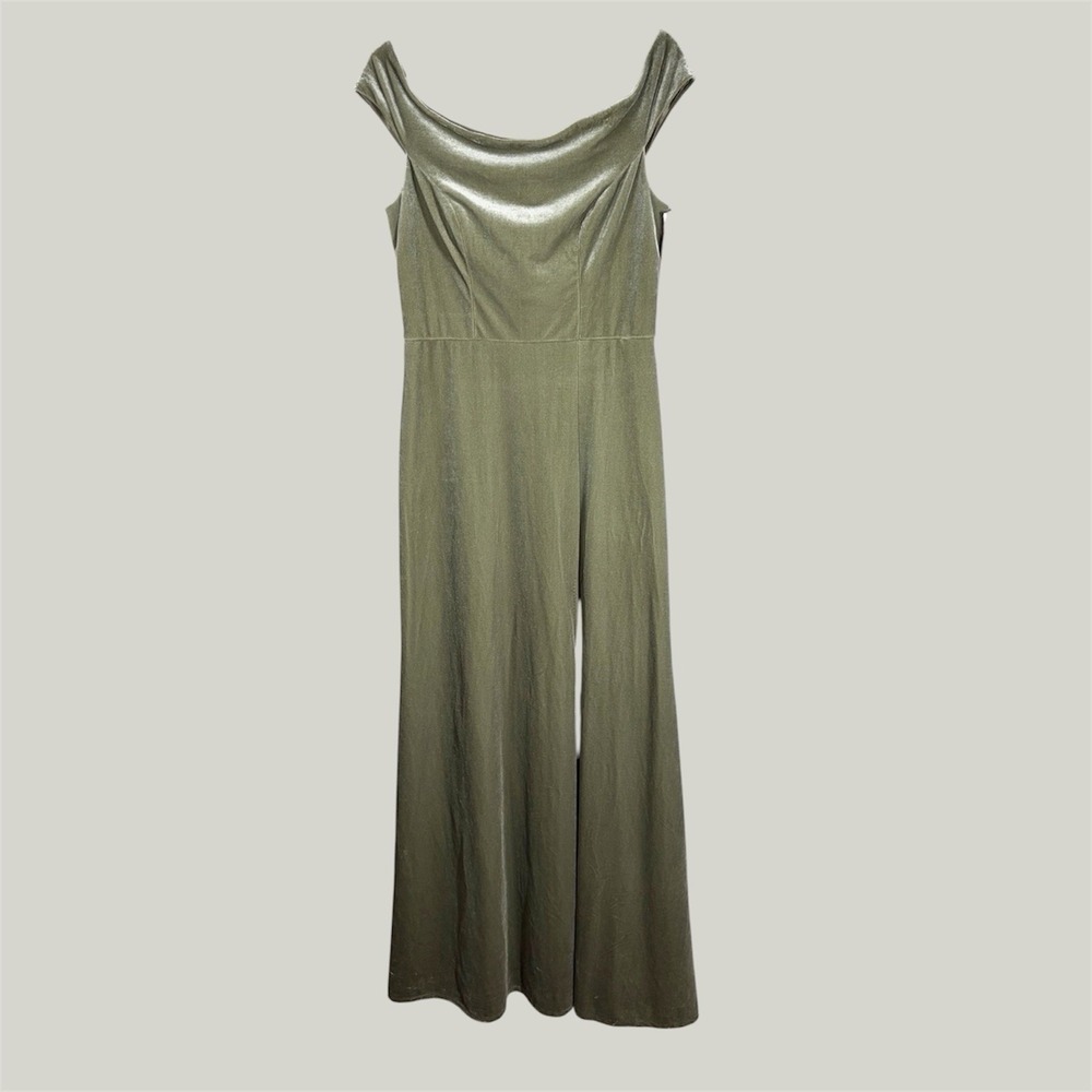 Jenny Yoo Rhea Formal Dress Size 10 Sage Green Stretch Velvet Off Shoulder